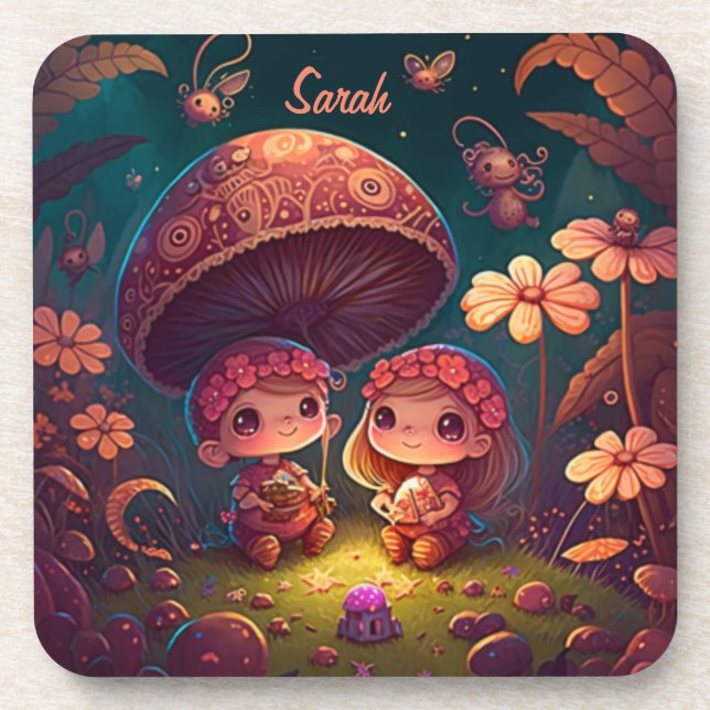Dessous-de-verre Lovely cute elves play under mushrooms      (Devant)