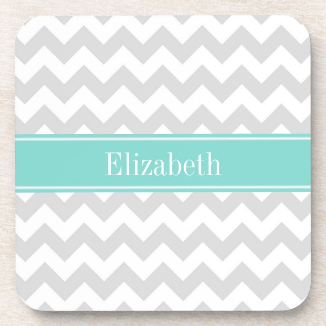 Dessous-de-verre Lt Gray Wht Chevron Aqua Turquoise Nom monogram (Devant)