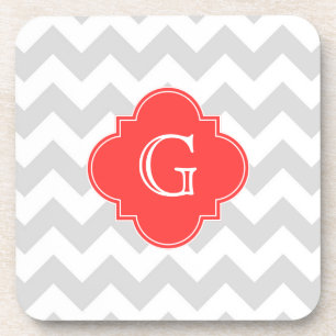 Dessous-de-verre Lt Gray Wht Chevron Coral Red Quatrefoil Monogram
