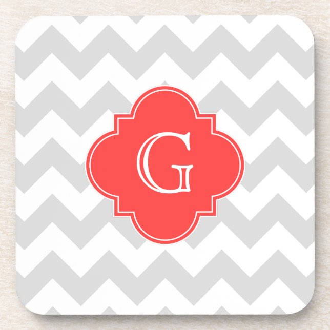 Dessous-de-verre Lt Gray Wht Chevron Coral Red Quatrefoil Monogram (Devant)
