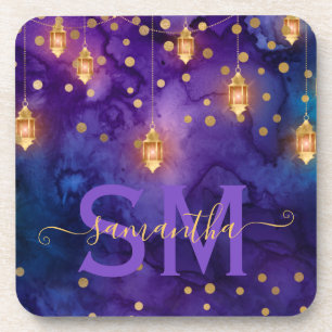 Dessous-de-verre Lueur de lanterne violette et bleue Monogramme