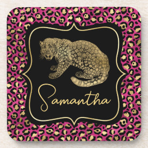 Dessous-de-verre Luxueux imprimé léopard rose or monogramme animali