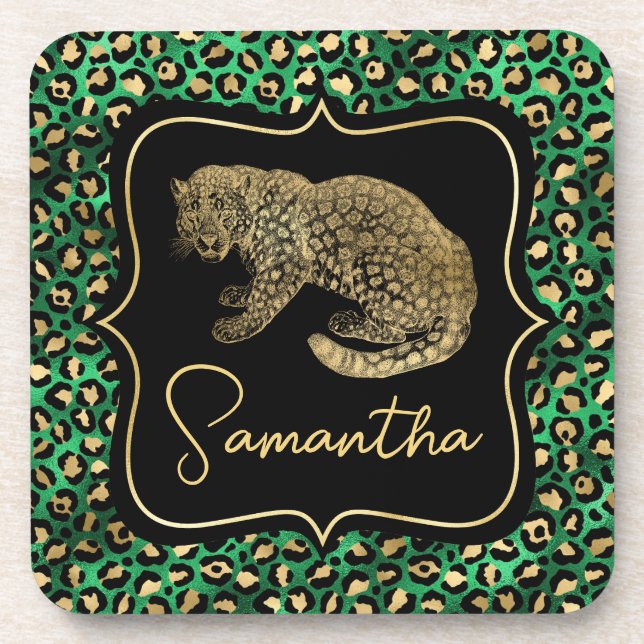 Dessous-de-verre Luxueux imprimé léopard vert monogramme animal or (Devant)