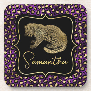 Dessous-de-verre Luxueux Imprimé Léopard Violet Or Monogramme Anima