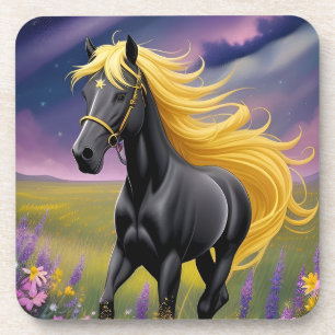 Dessous-de-verre Magnifique cheval noir à la crinière dorée ondoyan