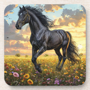 Dessous-de-verre Magnifique cheval noir galopant à travers un F vib