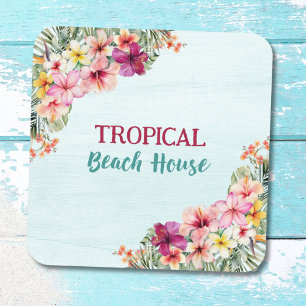 Dessous-de-verre Maison de plage tropicale Fleurs roses Floral Bota