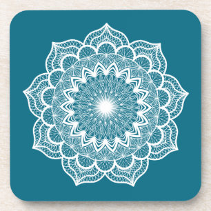 Dessous-de-verre Mandala blanc sur fond bleu
