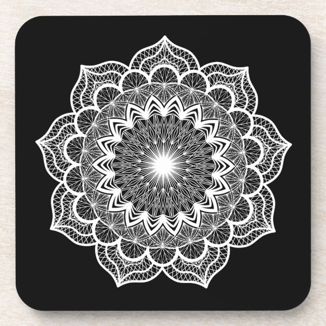 Dessous-de-verre Mandala blanc sur fond noir (Devant)