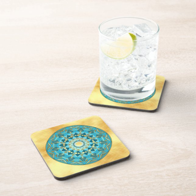 Dessous-de-verre Mandala bleu or sur fond or doux (Côté Droit)
