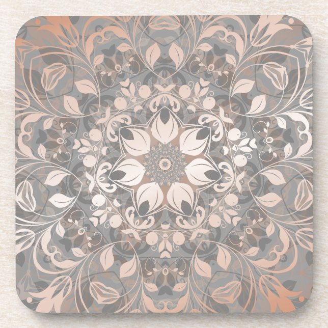 Dessous-de-verre Mandala floral gris et or rose (Devant)