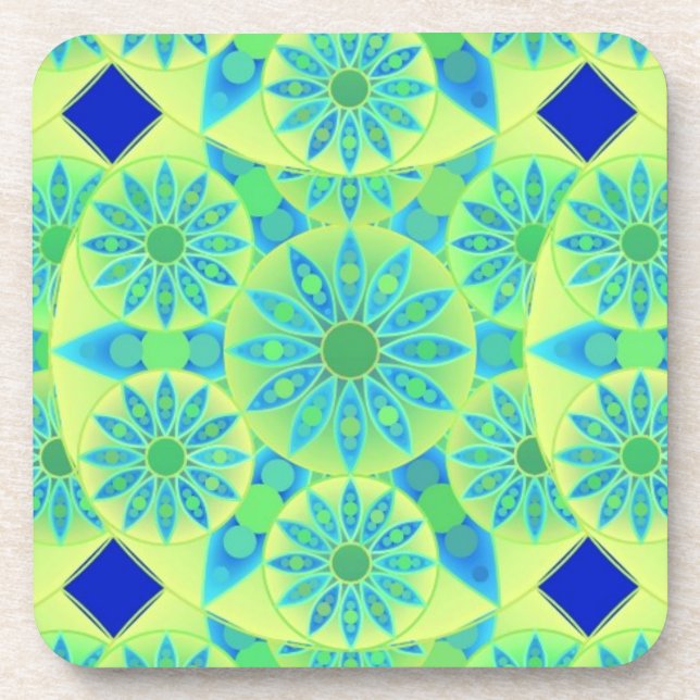 Dessous-de-verre Mandala motif, turquoise, bleu, vert citron (Devant)