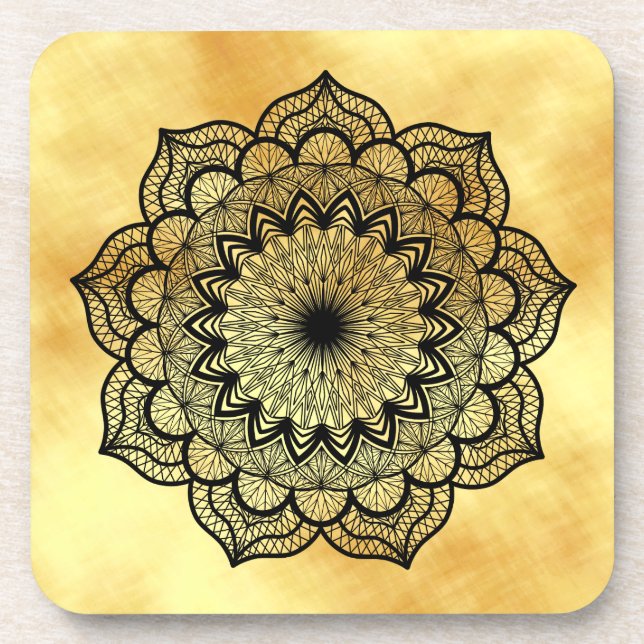 Dessous-de-verre Mandala noir sur fond or doux (Devant)
