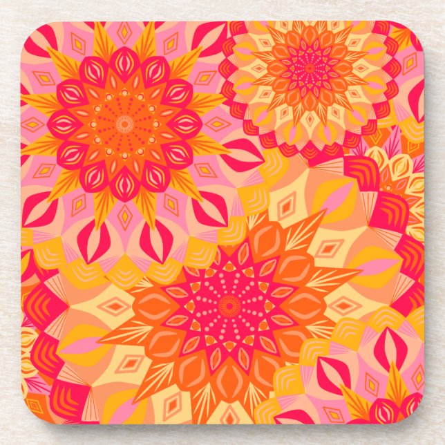 Dessous-de-verre Mandala superposé orange rose jaune (Devant)