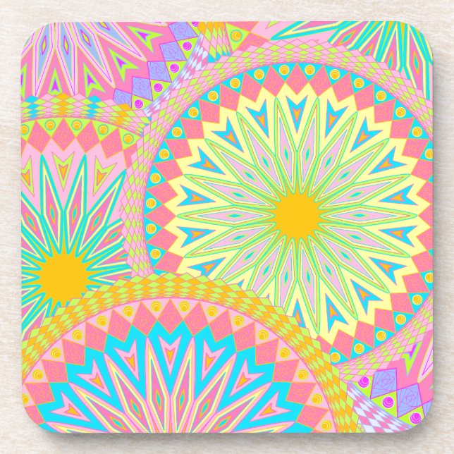 Dessous-de-verre Mandala superposé rose bleu jaune menthe violet (Devant)