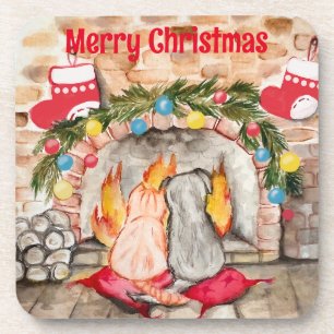 Dessous-de-verre Manoir de Noël confortable avec chien et chat