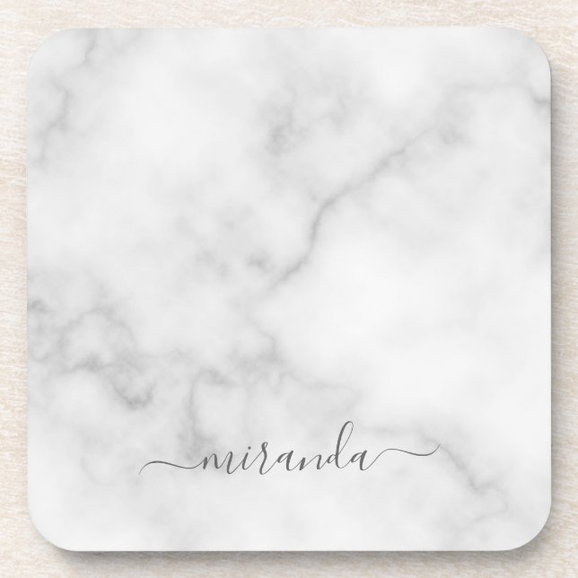 Dessous-de-verre Marbre blanc de nom personnalisé de script moderne (Devant)