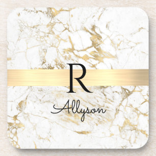 Dessous-de-verre Marbre Blanc & Or Barre Or, DIY Monogramme Nom Noi