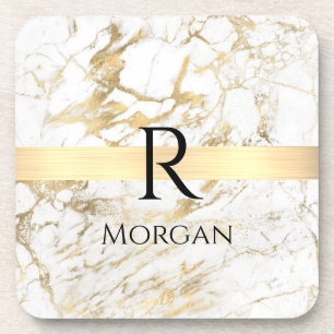 Dessous-de-verre Marbre Blanc & Or, Nom Noir & Monogramme