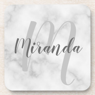 Dessous-de-verre Marbre blanc Script Monogramme personnalisé et no