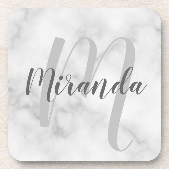 Dessous-de-verre Marbre blanc Script Monogramme personnalisé et nom (Devant)