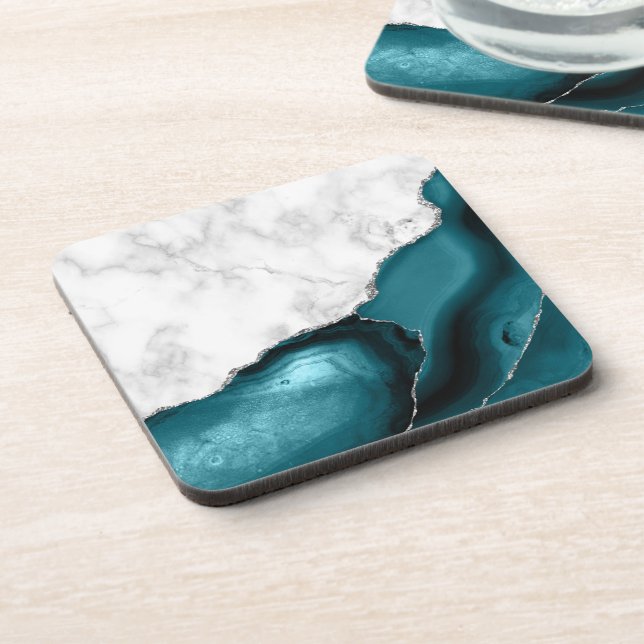 Dessous-de-verre Marbre Faux Blanc Paillettes Argentées Agate Bleu  (Côté gauche)