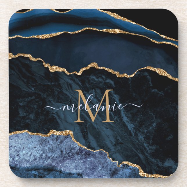 Dessous-de-verre Marbre Monogramme Nom Agate Bleu Nuit Or Pierre Pr (Devant)