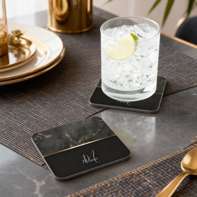 Dessous-de-verre Marbre noir moderne chic monogramme doré (Créateur téléchargé)