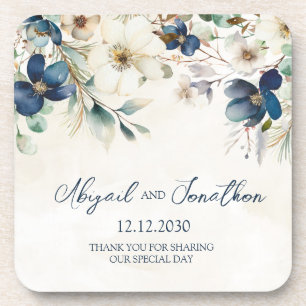 Dessous-de-verre Mariage d'hiver floral bleu élégant