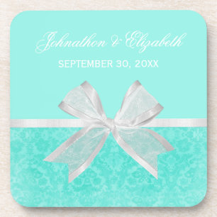 Dessous-de-verre Mariage Faire-part Chic Aqua Damask White Bow