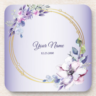 Dessous-de-verre Mariage Géométrique Floral Aquarelle Doré Violet