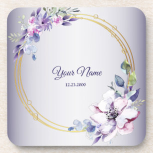 Dessous-de-verre Mariage Géométrique Floral Aquarelle Doré Violet
