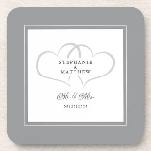 Dessous-de-verre Mariage Gris & Blanc M & Mme Élégant Chic Cœurs