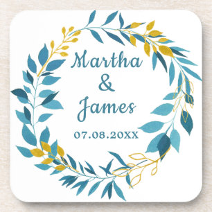Dessous-de-verre Mariage personnalisé Elegant Blue Gold Leaf