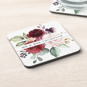 Dessous-de-verre Mariés à l'aquarelle rose et vin floral