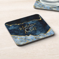 Marine Blue Gold Foil Agate Marbre Mariage Monogra