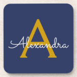 Dessous-de-verre Marine Blue Gold Modern Script Girl Monogramme Nom<br><div class="desc">Dessous de verre en papier pour monogramme simple bleu marine et or. Cela fait le cadeau parfait de remise de diplômes,  anniversaire,  mariage,  douche nuptiale,  anniversaire,  baby shower ou bachelorette pour quelqu'un qui aime le luxe glam et les styles chic.</div>