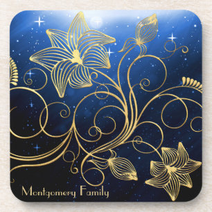 Dessous-de-verre Marine Blue Starry Galaxy Gold Floral Nom de famil