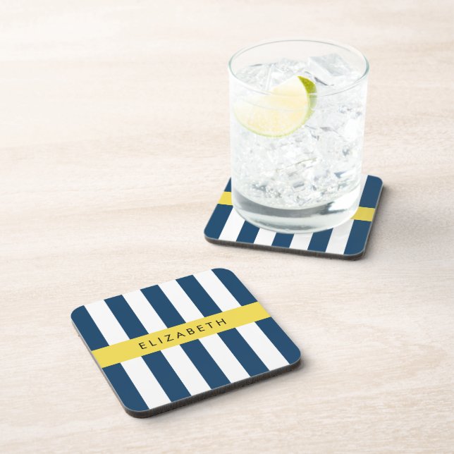 Dessous-de-verre Marine Blue Stripes, Motif rayé, Votre nom (Côté Droit)