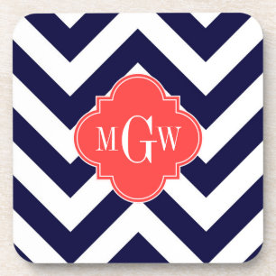 Dessous-de-verre Marine Lg Chevron Coral Red Quatrefoil 3 Monogramm