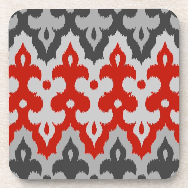 Dessous-de-verre Marocain Ikat Damask, Graphite Grey et Rouge (Devant)