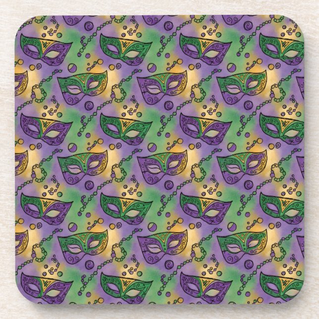 Dessous-de-verre Masques et perles de Mardi Gras Violet Vert Jaune (Devant)