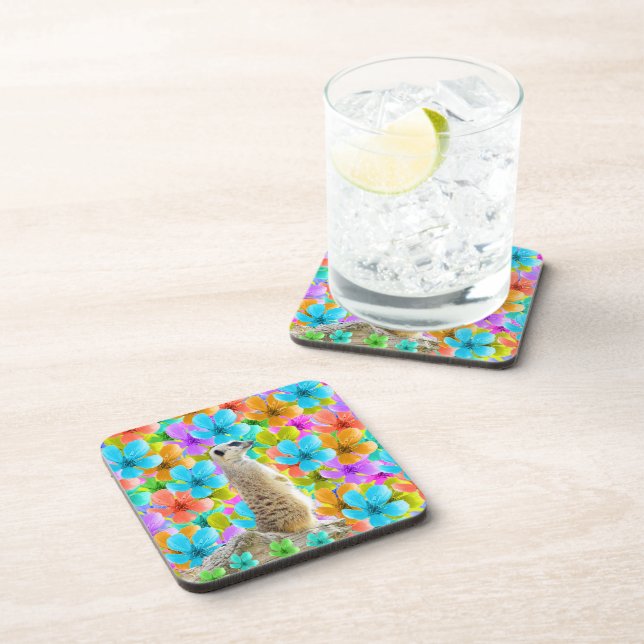 Dessous-de-verre Meerkat Et Fleurs Multicolores, (Côté Droit)