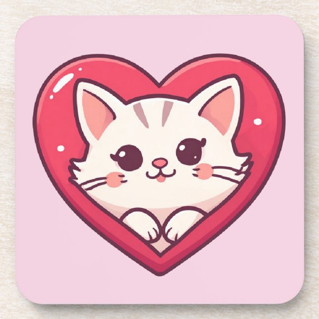Dessous-de-verre Mignon Chat Blanc avec Design de Kawaii Kitty Love (Devant)