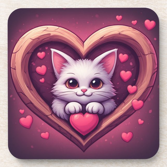 Dessous-de-verre Mignon Chat Blanc avec Design de Kawaii Kitty Love (Devant)
