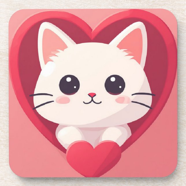 Dessous-de-verre Mignon Chat Blanc avec Design Kawaii Kitty Love (Devant)