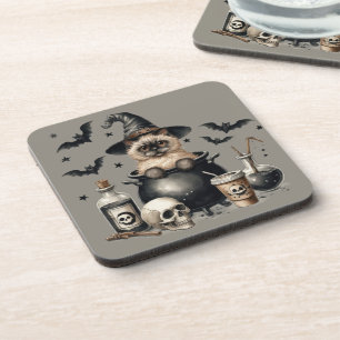 Dessous-de-verre Mignon chat vintage dans un chaudron Halloween