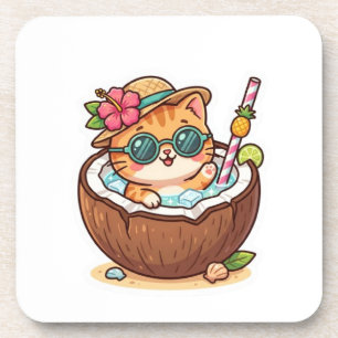 Dessous-de-verre Mignon Kawaii Chat au Coco Lunettes d'Été Autocoll