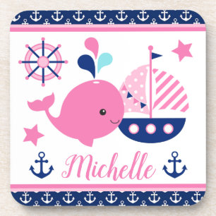 Dessous-de-verre Mignon motif baleine rose et ancres nautiques