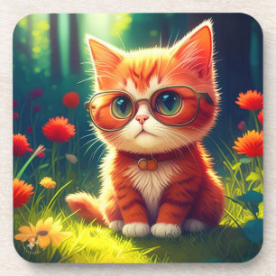 Dessous-de-verre Mignonne Red Kitten Portant des lunettes-365478